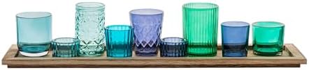Creative Co Op Wood Tray with 9 Blue and Green Glass Votive Holders
