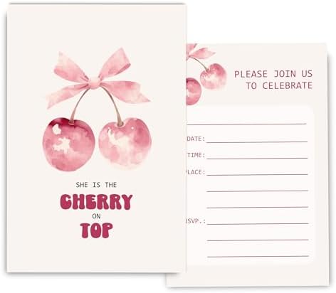Pink Bow Cherry Birthday Invitations for Girls 4x6 30 Sets
