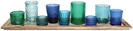 Creative Co Op Wood Tray with 9 Blue and Green Glass Votive Holders