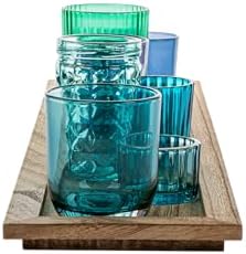 Creative Co Op Wood Tray with 9 Blue and Green Glass Votive Holders