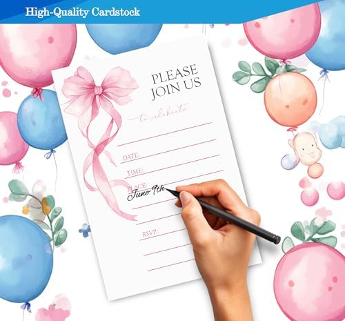 Pink Bow Birthday Invitations for Girls 4x6 30 Sets with Envelopes