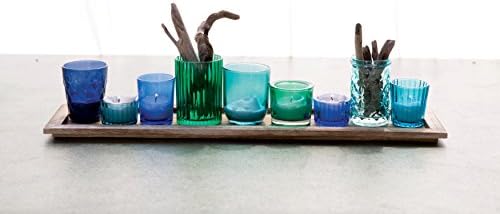 Creative Co Op Wood Tray with 9 Blue and Green Glass Votive Holders