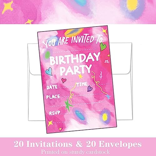 Raykeeplus Birthday Invitations for Girls 20 Cards with Envelopes - Pink