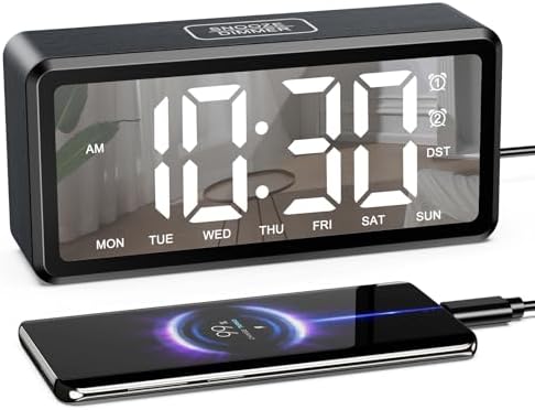 AMIR Wooden Alarm Clock with 2 Alarms and USB Charging