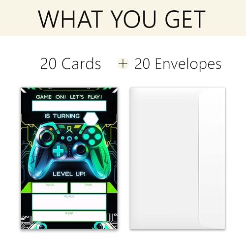 Gaming Birthday Invitations Set - 20 Cards with Envelopes