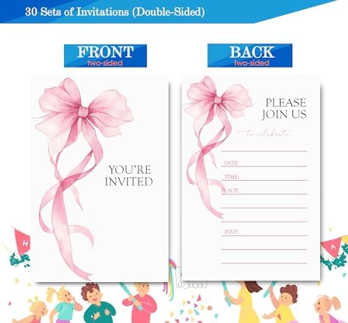 Pink Bow Birthday Invitations for Girls 4x6 30 Sets with Envelopes