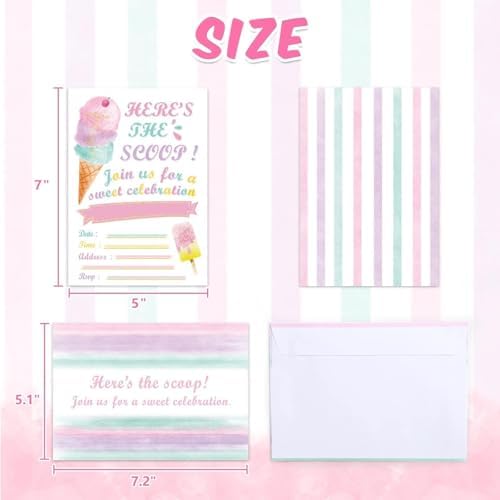 WERNNSAI Ice Cream Party Invitations with Envelopes - 20 Sets
