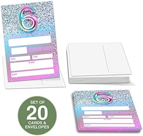 Silver Glitter 6th Birthday Invitations with Rainbow Balloons