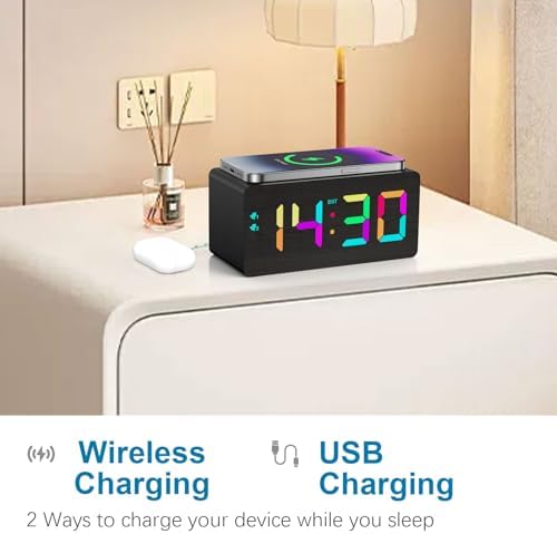 Wooden Digital Alarm Clock with RGB Display and Dual USB Charging Ports