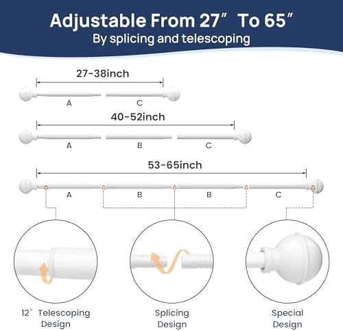 ENJOYBASICS No Drill Curtain Rods White 27-65 Inch Adjustable