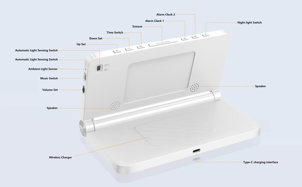Digital Alarm Clock with Wireless Charging and Night Light for Bedroom