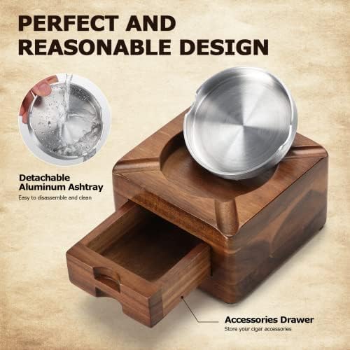 Tesonway Wooden Cigar Ashtray with 4 Slots and Drawer