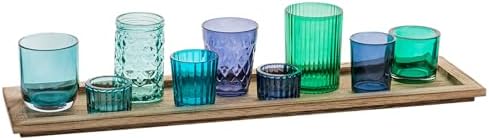 Creative Co Op Wood Tray with 9 Blue and Green Glass Votive Holders