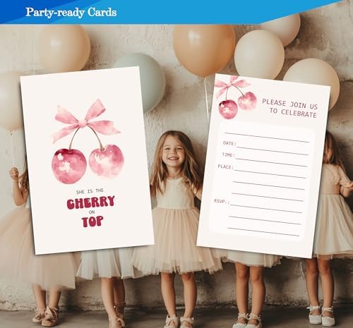 Pink Bow Cherry Birthday Invitations for Girls 4x6 30 Sets