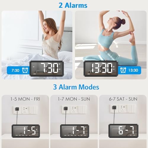 AMIR Wooden Alarm Clock with 2 Alarms and USB Charging