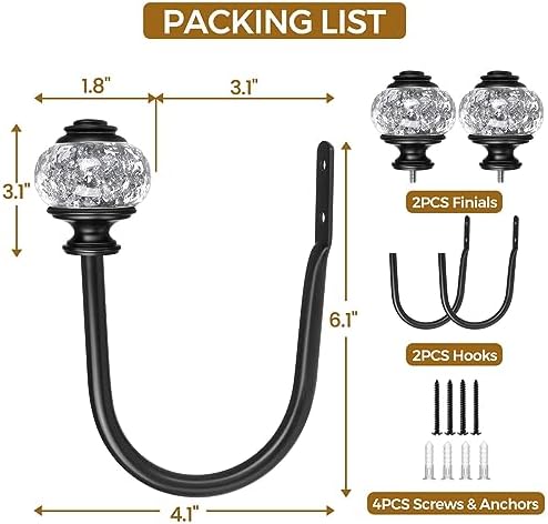 2 Pack Black Curtain Holdbacks with Crystal Finials