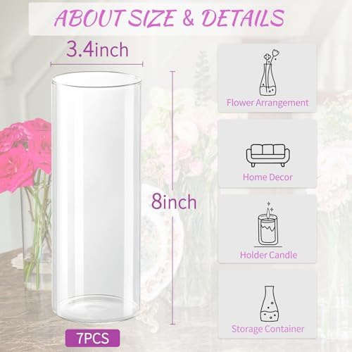 7pcs Glass Cylinder Vases for Centerpieces 8 Inch Tall