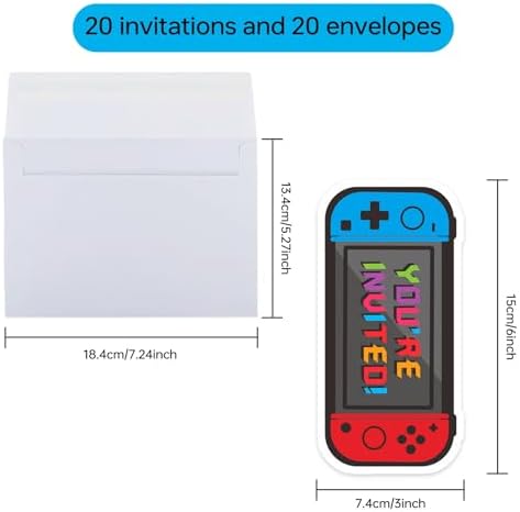 Video Game Birthday Invites 3x6 Inch Double Sided with 20 Envelopes