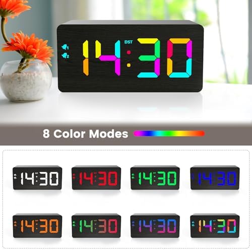 Wooden Digital Alarm Clock with RGB Display and Dual USB Charging Ports