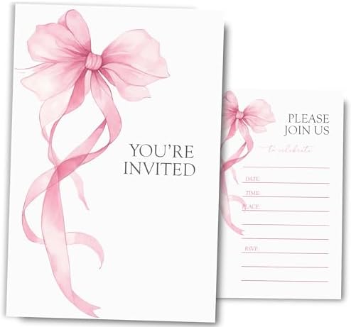 Pink Bow Birthday Invitations for Girls 4x6 30 Sets with Envelopes
