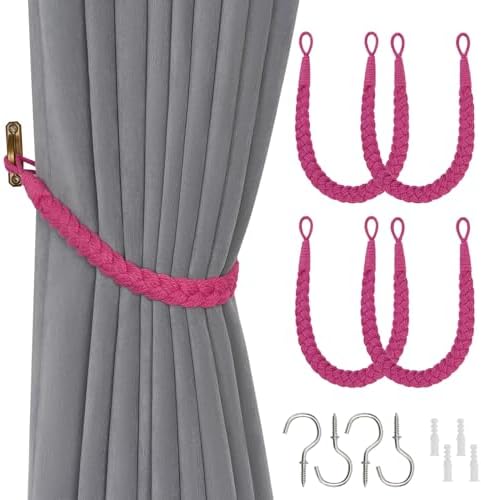 NICEEC 4 Pack Cotton Rope Curtain Tiebacks in Rose Red