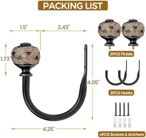 2 Pack Black Curtain Holdbacks with Leaf Finials