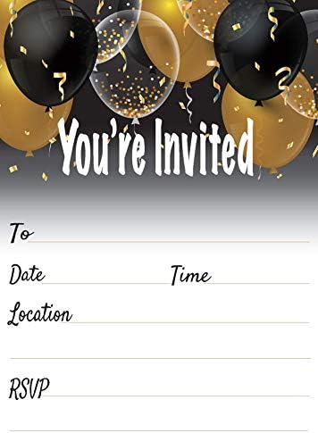 QualityVibe Black Gold Balloons Invitations Set of 25