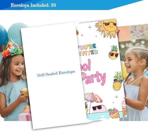 Fablus Pool Party Invitations 4x6 Inches 30 Sets with Envelopes