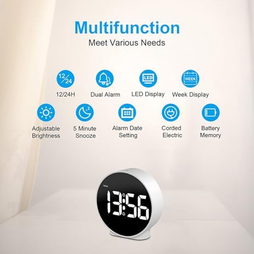 LED Digital Clock with Dual Alarm and 3 Brightness Levels