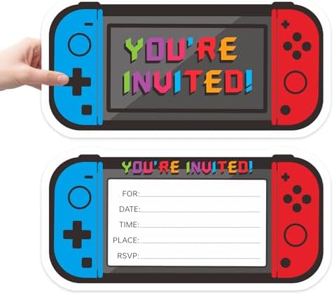 Video Game Birthday Invites 3x6 Inch Double Sided with 20 Envelopes
