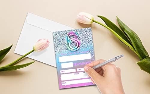 Silver Glitter 6th Birthday Invitations with Rainbow Balloons