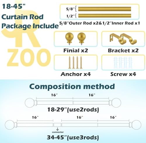 Gold Curtain Rods 18-45 Set with Finials and Brackets