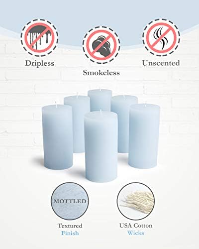 Mottled Pillar Candles Set of 6 Light Blue Dripless