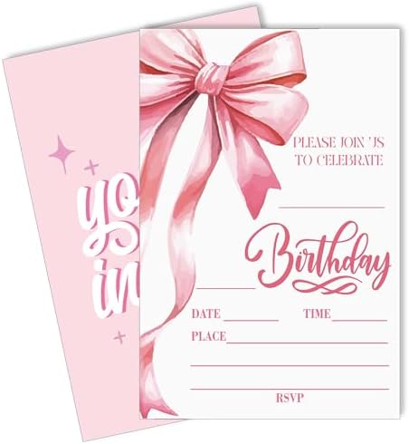 Pink Bow Birthday Party Invitation Cards 20pcs with Envelopes