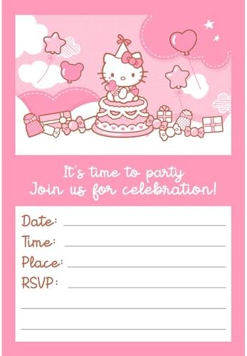 Set of 20 Cute Pink Cat Birthday Invites with Envelopes