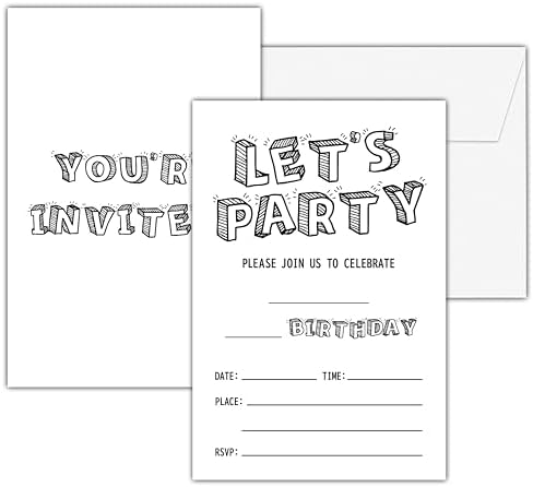 Black and White Birthday Invitations 25 Cards with Envelopes