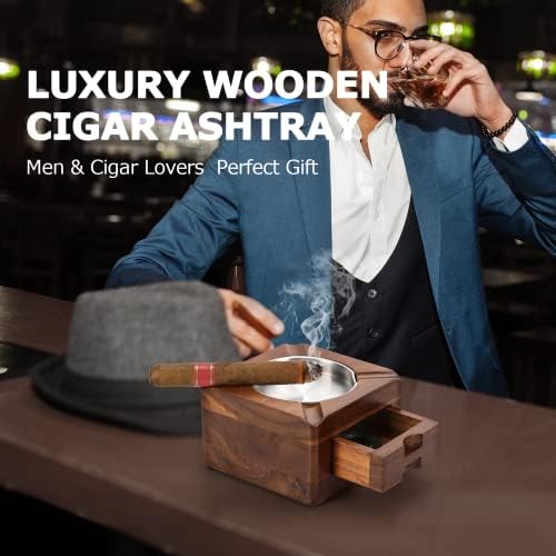 Tesonway Wooden Cigar Ashtray with 4 Slots and Drawer