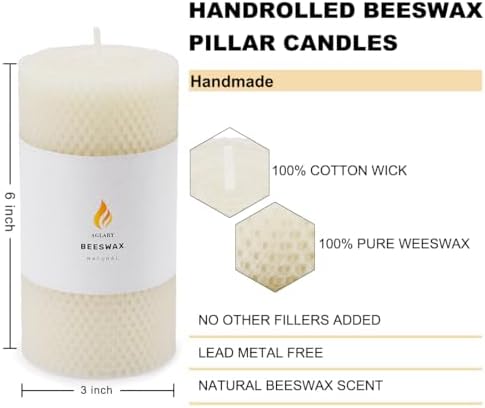 AGLARY 3 Pack 6 Inch Beeswax Pillar Candles White Unscented Dripless Smokeless