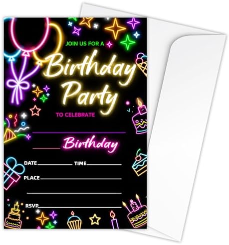 Zodvery Neon Birthday Party Invitations Cards 20pcs Set