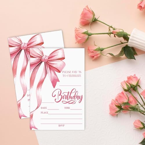 Pink Bow Birthday Party Invitation Cards 20pcs with Envelopes