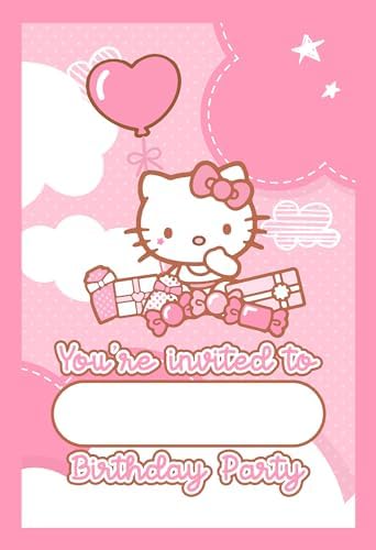 Set of 20 Cute Pink Cat Birthday Invites with Envelopes