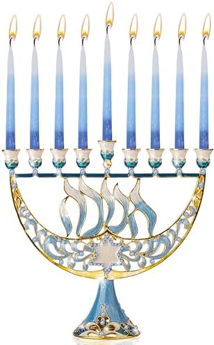 Ner Mitzvah Hanukkah Menorah with Blue Jewels and Star of David