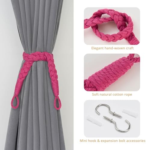 NICEEC 4 Pack Cotton Rope Curtain Tiebacks in Rose Red