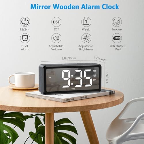 AMIR Wooden Alarm Clock with 2 Alarms and USB Charging