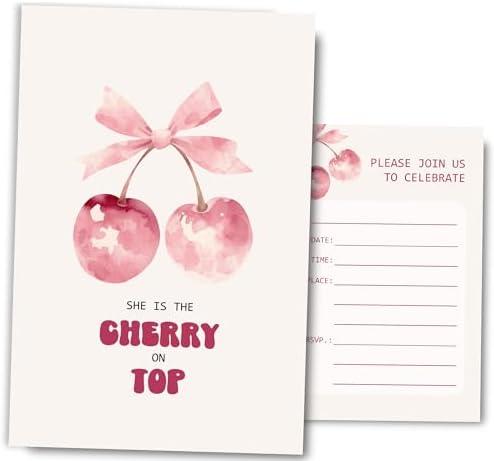 Pink Bow Cherry Birthday Invitations for Girls 4x6 30 Sets