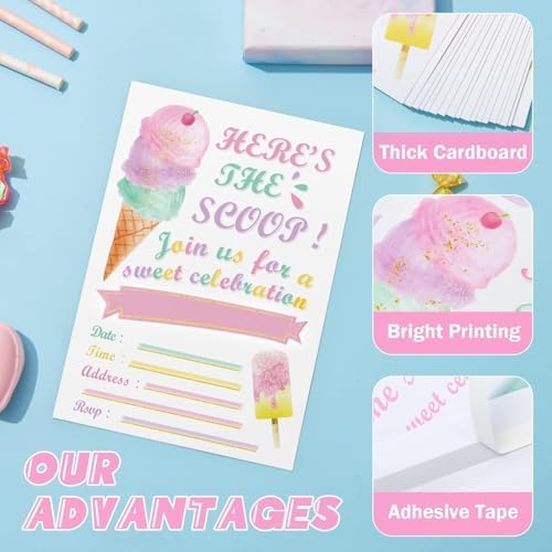 WERNNSAI Ice Cream Party Invitations with Envelopes - 20 Sets
