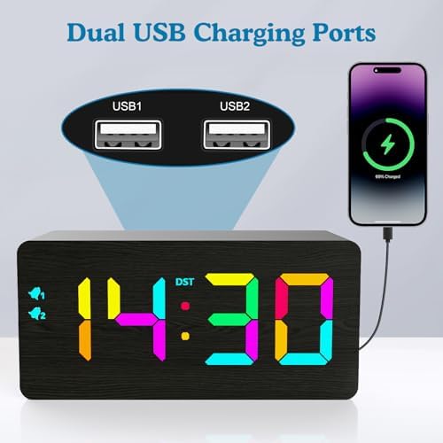 Wooden Digital Alarm Clock with RGB Display and Dual USB Charging Ports