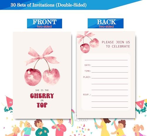 Pink Bow Cherry Birthday Invitations for Girls 4x6 30 Sets