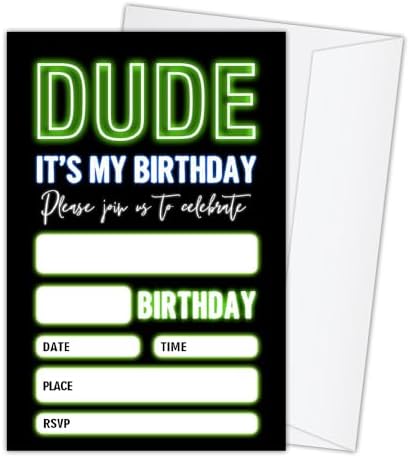 20 Neon Glow Birthday Invites with Envelopes for Boys