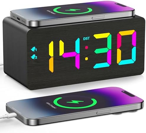 Wooden Digital Alarm Clock with RGB Display and Dual USB Charging Ports